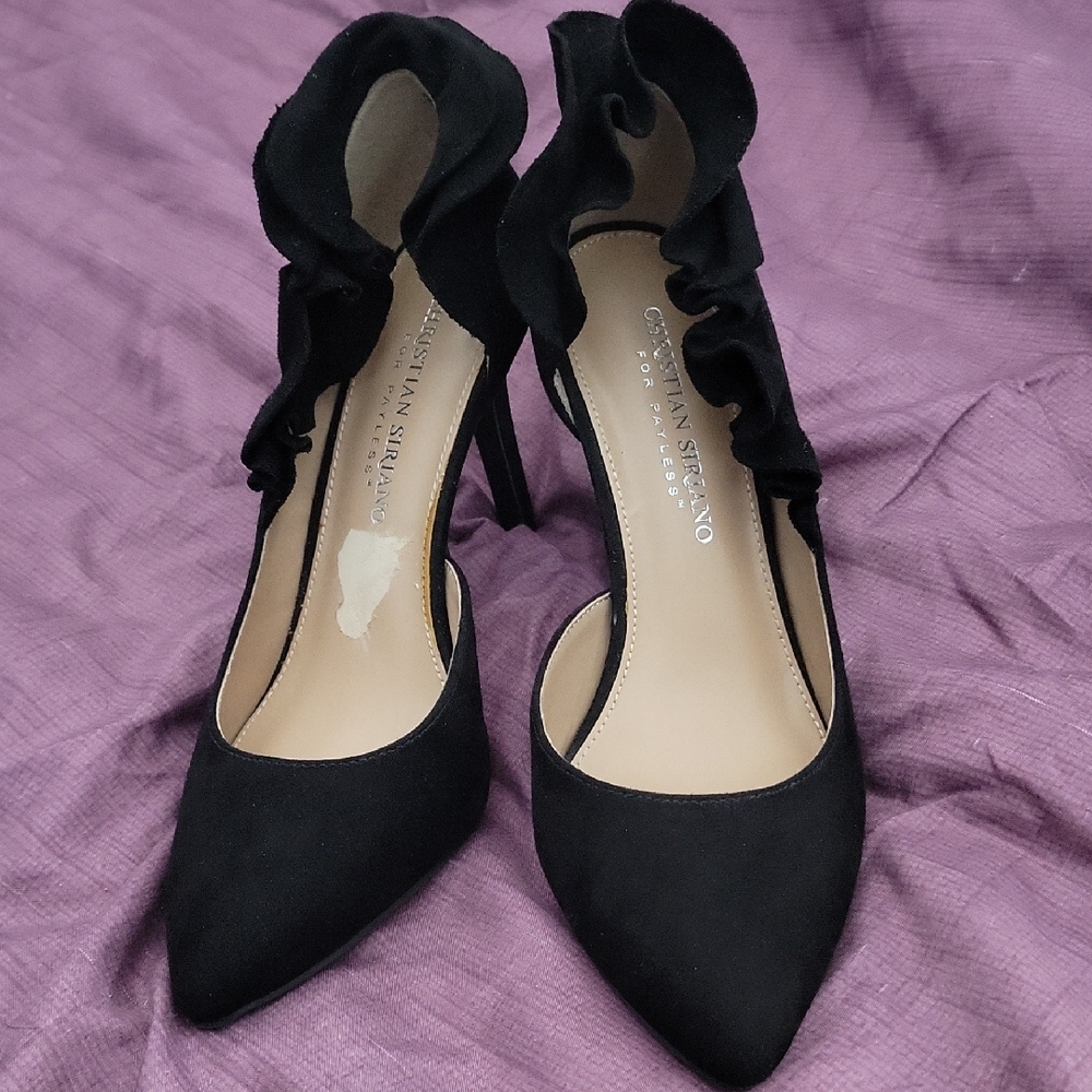 Christian Siriano Black Ruffle Ankle-Strap Pointed Heels